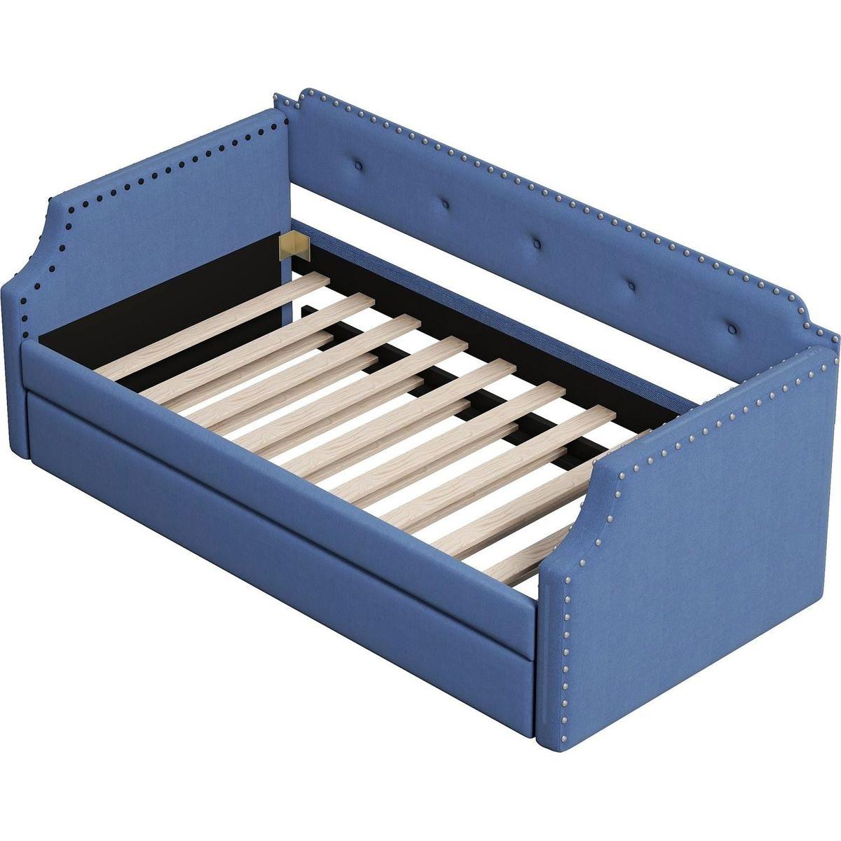 Upholstered Daybed with Trundle, Wood Slat Support,Upholstered Frame Sofa Bed, Twin,Blue
