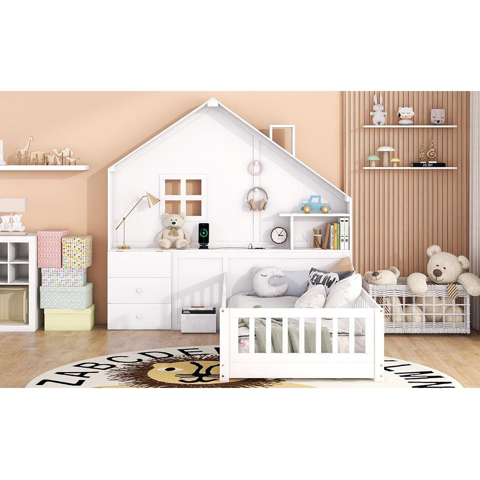 Twin Size House Bed with Window and Bedside Drawers, Platform Bed with Shelves and a set of Sockets and USB Port, White