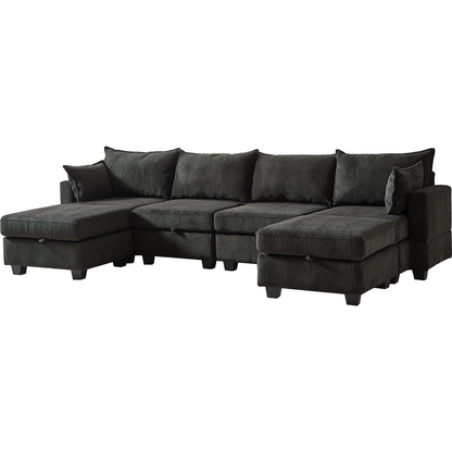 113.5" Modular Sectiona Corduroy Sofa, Sectional Couches for Living Room U Shaped Sectional Couch with Storage Ottoman, 6 Seats Convertible Sectionals with Chaise