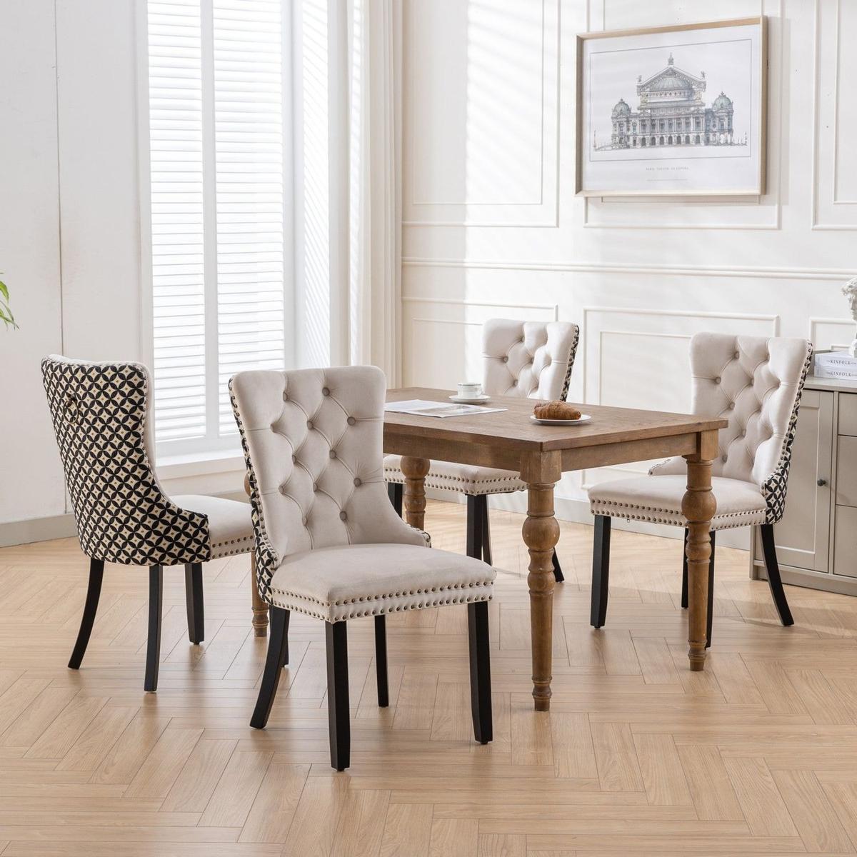 Classic Velvet Dining Chairs, High-end Tufted Solid Wood Contemporary Velvet Upholstered Dining Chair with Wood Legs Nailhead, SET OF 2,Beige and Patterned