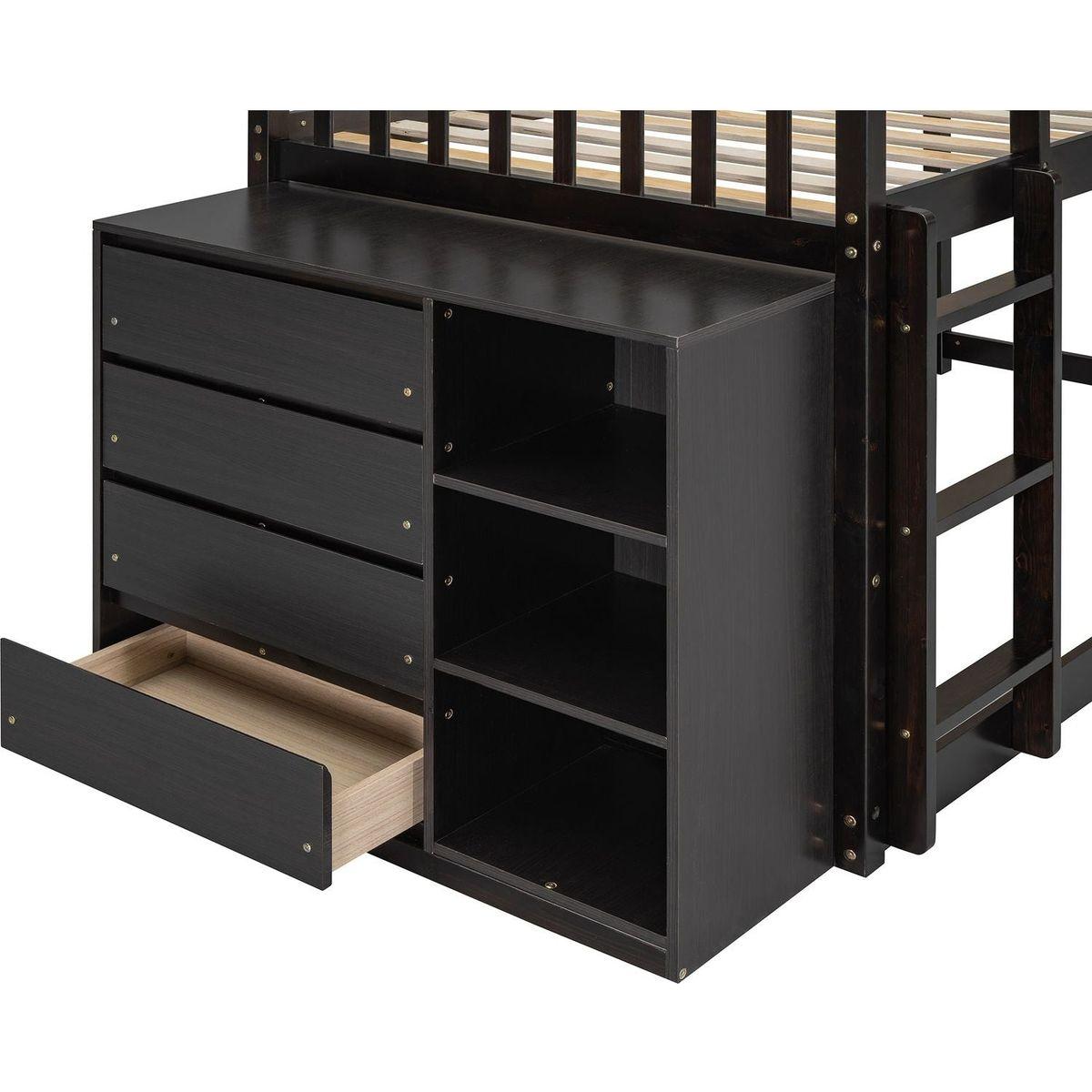 Twin over Twin Bunk Bed with 4 Drawers and 3 Shelves-Espresso
