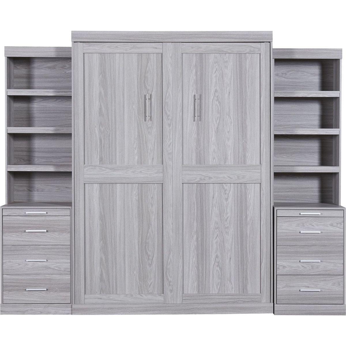Full Size Murphy Bed with Storage Shelves and Drawers, Gray