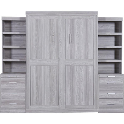 Full Size Murphy Bed with Storage Shelves and Drawers, Gray