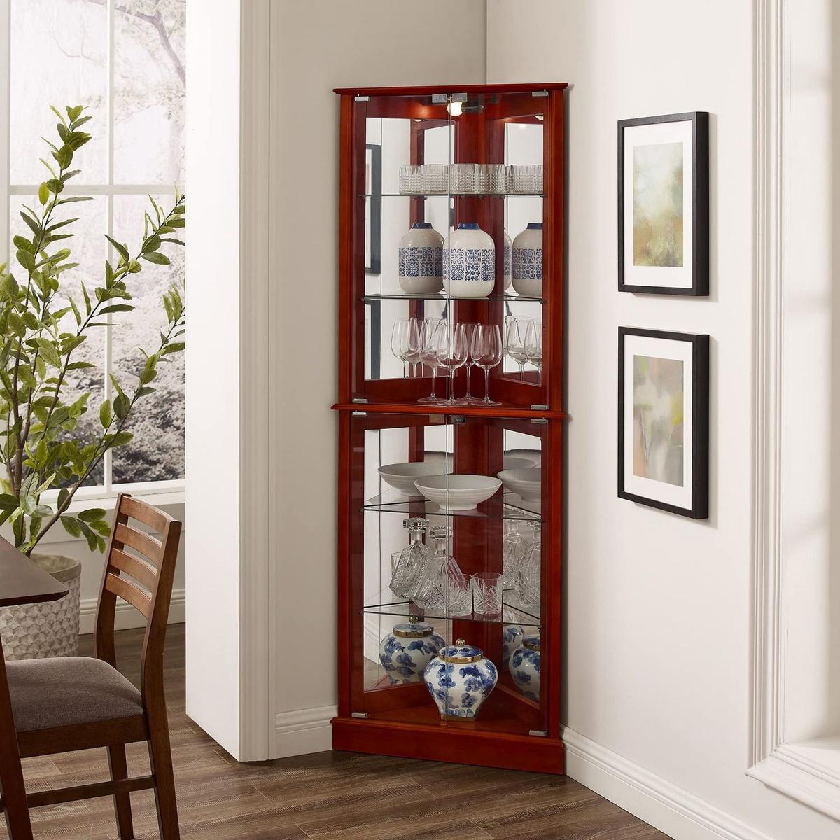 Corner Curio Dispaly Cabinet with Lights, Adjustable Tempered Glass Shelves, Mirrored Back,Cherry