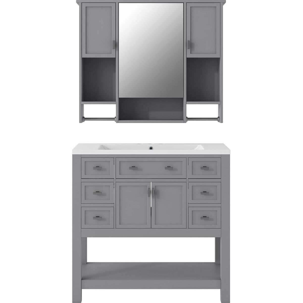 36" Bathroom Vanity with Top Sink, Modern Mirror Cabinet with Towels Bar, Bathroom Storage Cabinet with 2 Soft Closing Doors and 6 Drawers, Single Sink Bathroom Vanity