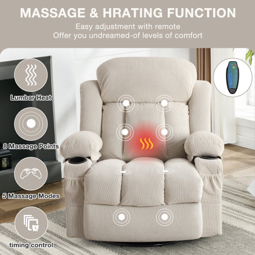 Swinging recliner massage heated sofa, with USB and 2 cup holders in side pockets, PackageA+B (BEIGE)