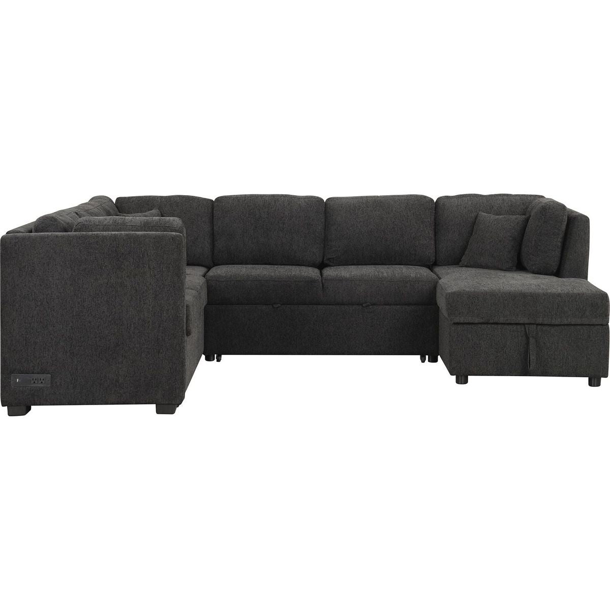 108.6" U-shaped Sectional Sofa Pull out Sofa Bed with Two USB Ports, Two Power Sockets, Three Back Pillows and a Storage Chaise for Living Room, Black