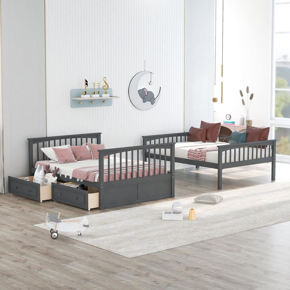 Full over Full Bunk Bed with Drawers, Convertible Beds, Gray