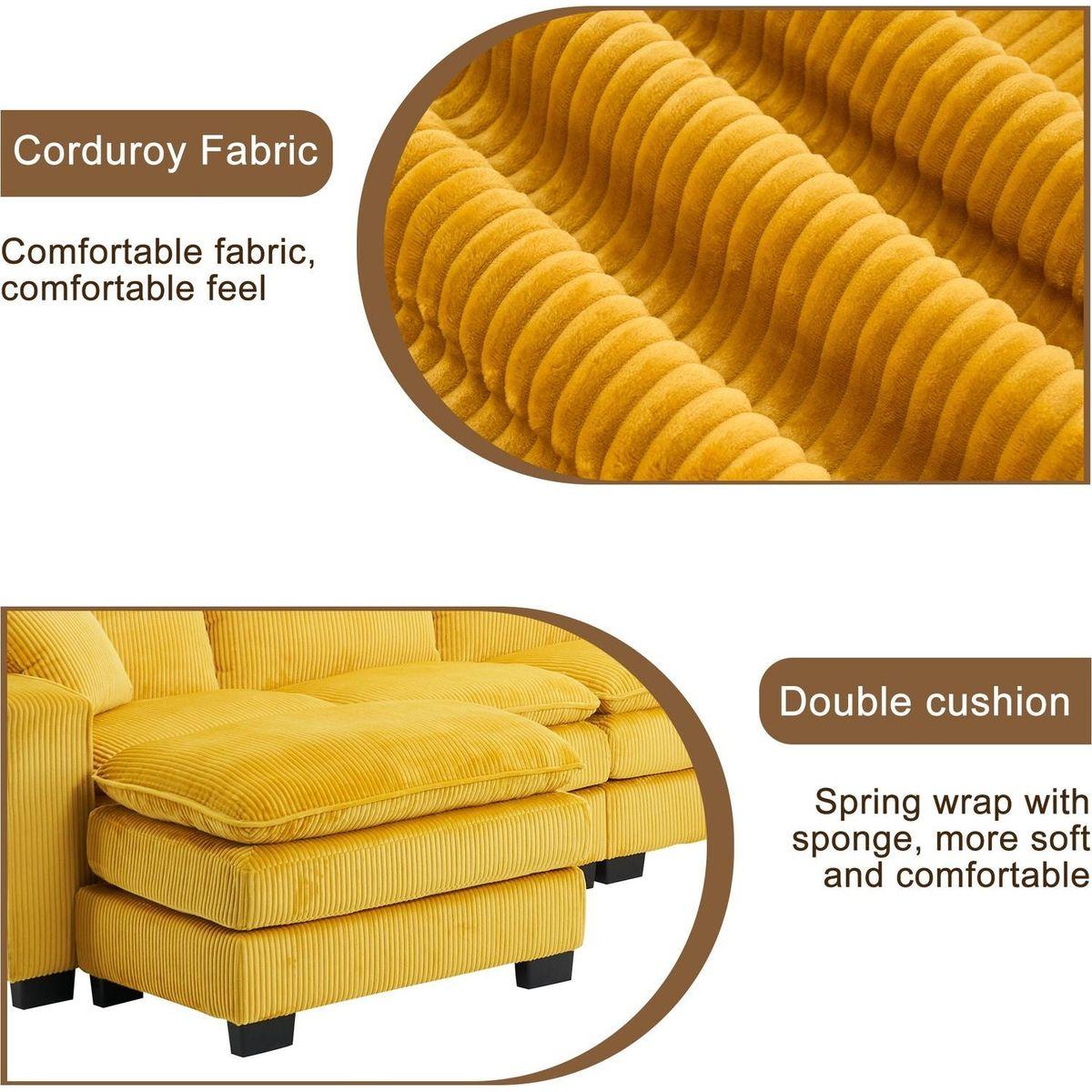 Modern U Shaped 6-seat Sectional Sofa Couch with one Ottoman and three toss pillows, Modular Sofa for Living Room,Corduroy sofa