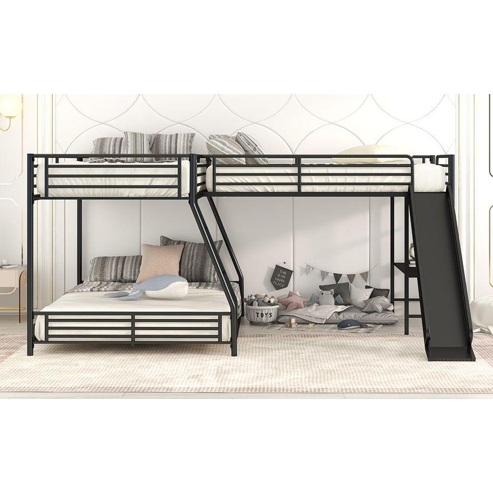 L-Shaped Twin over Full Bunk Bed with Twin Size Loft Bed,Built-in Desk and Slide,Black