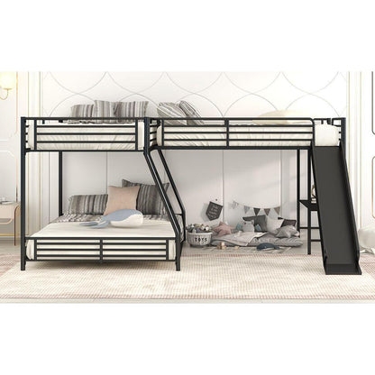 L-Shaped Twin over Full Bunk Bed with Twin Size Loft Bed,Built-in Desk and Slide,Black