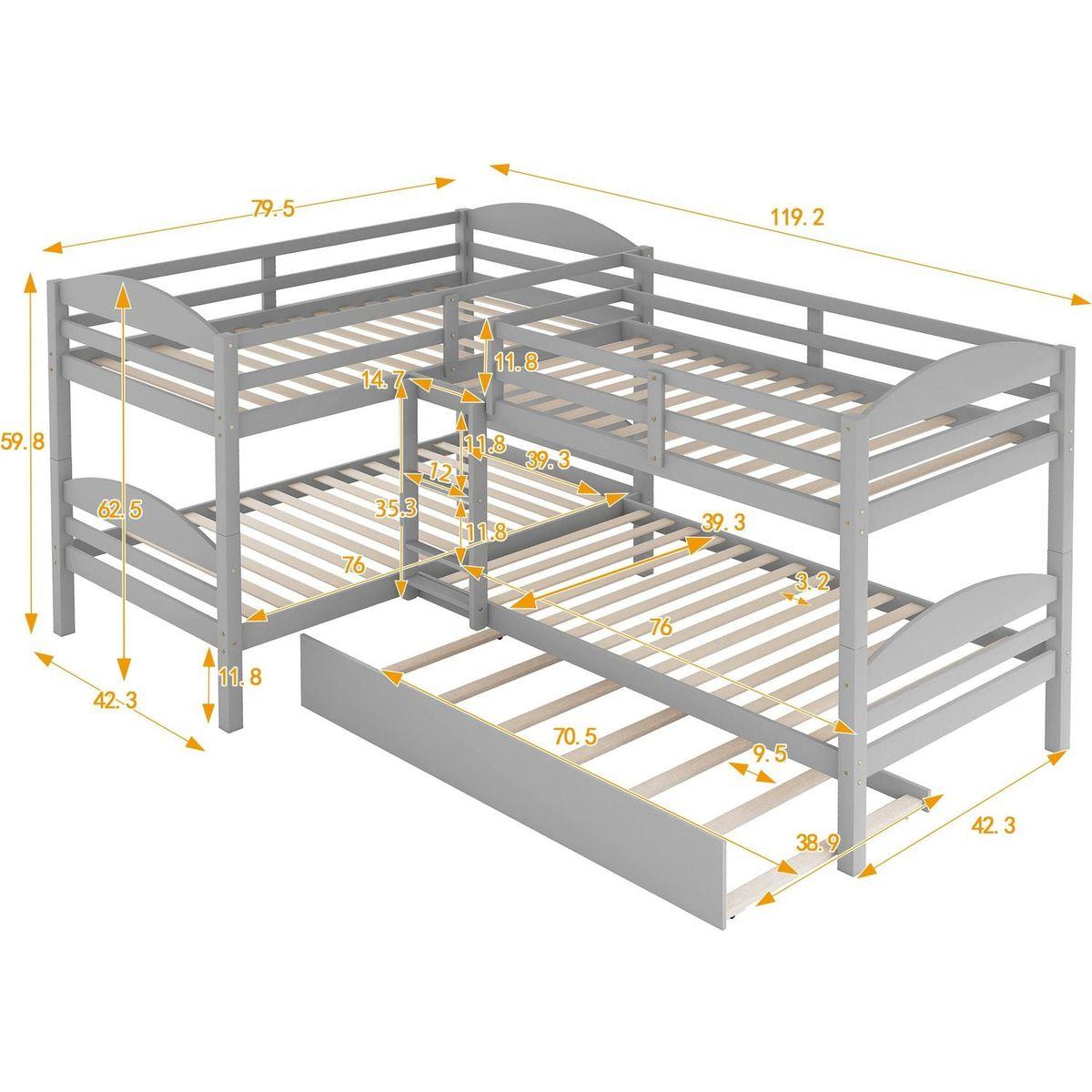 Twin L-Shaped Bunk bed with Trundle-Gray{O