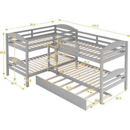 Twin L-Shaped Bunk bed with Trundle-Gray{O