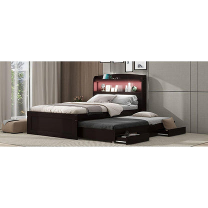 Twin XL Size Platform Bed with Storage LED Headboard, Charging Station, Twin Size Trundle and 2 Drawers, Dark Brown