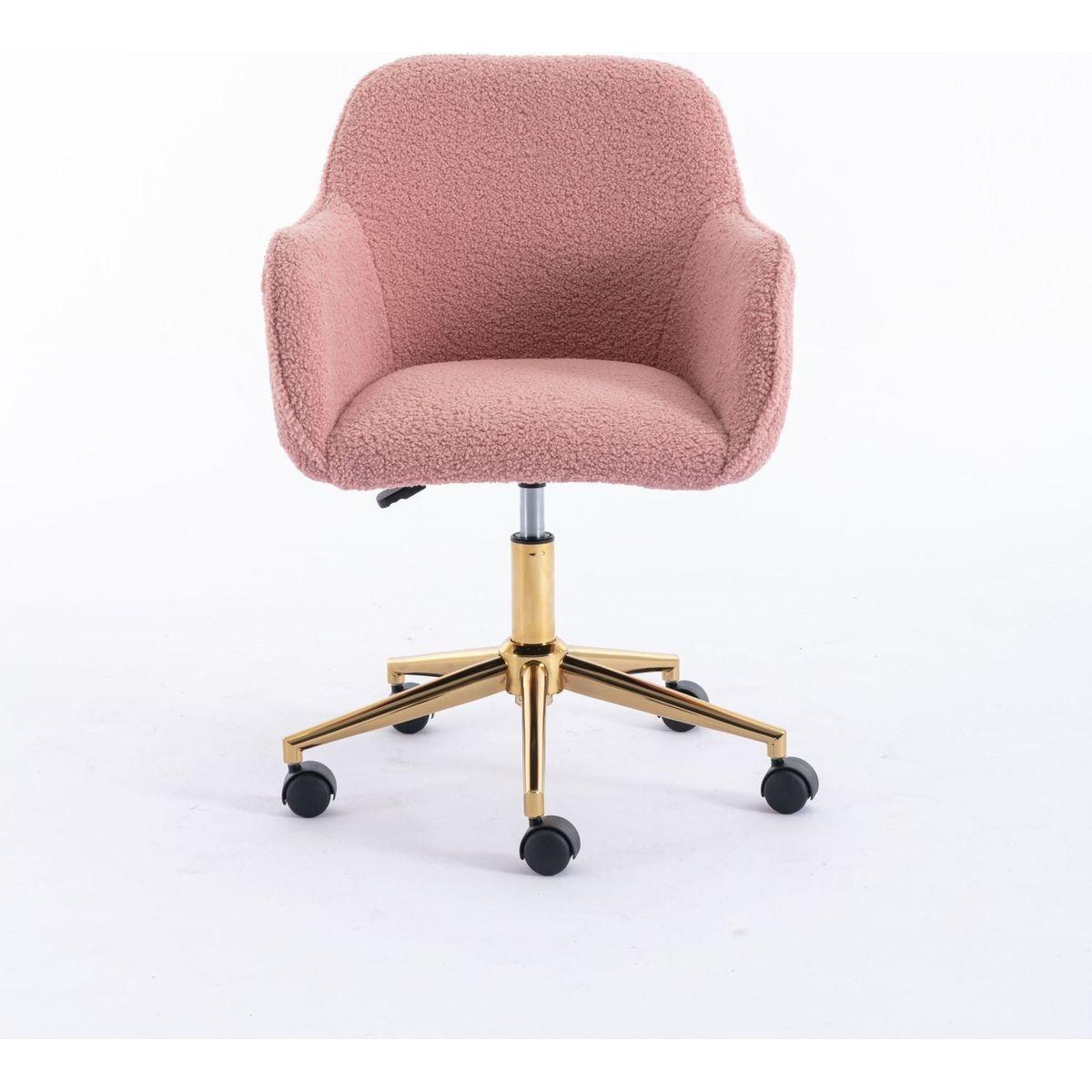 Modern Teddy Fabric Material Adjustable Height 360 Revolving Home Office Chair With Gold Metal Legs And Universal Wheel For Indoor,Pink