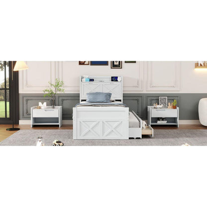 Twin Size Wooden Bed with Storage Headboard with Outlets, Extendable Bed with Twin Size Trundle with Three Storage Drawers,White