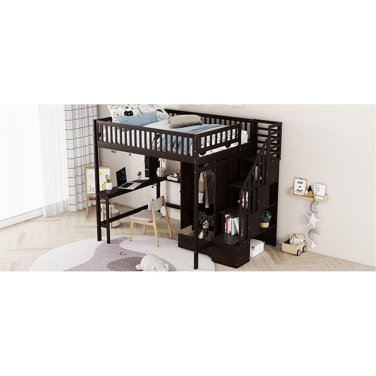 Full size Loft Bed with Bookshelf,Drawers,Desk,and Wardrobe-Espresso