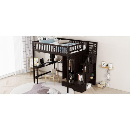 Full size Loft Bed with Bookshelf,Drawers,Desk,and Wardrobe-Espresso