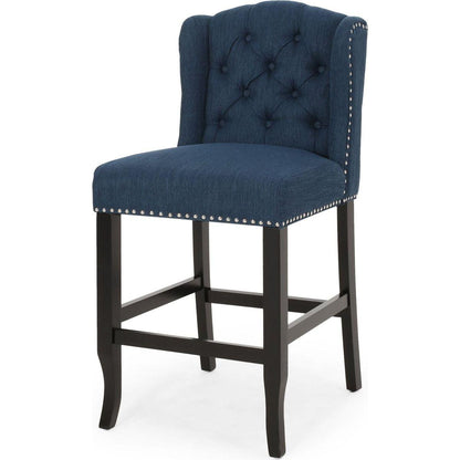 Vienna Contemporary Fabric Tufted Wingback 27 Inch Counter Stools, Set of 2, Navy Blue and Dark Brown - Streamdale Furniture