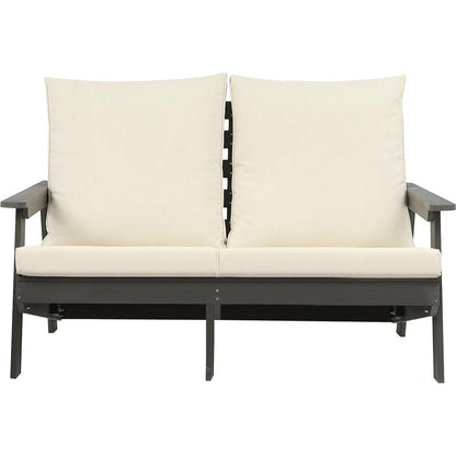 HIPS Loveseat with Cushion, Wood Grain Outdoor Garden Sofa, Sofa Set for Porch, Poolside, Terrace, and Yard Grey/Beige
