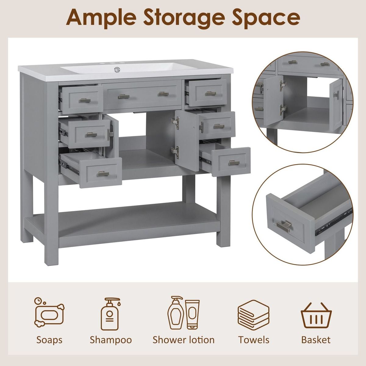 36" Bathroom Vanity with Top Sink, Modern Bathroom Storage Cabinet with 2 Soft Closing Doors and 6 Drawers, Single Sink Bathroom Vanity