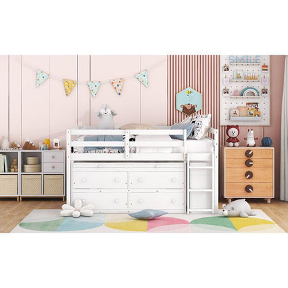 Full Size Loft Bed with Retractable Writing Desk and 4 Drawers, Wooden Loft Bed with Lateral Portable Desk and Shelves, White
