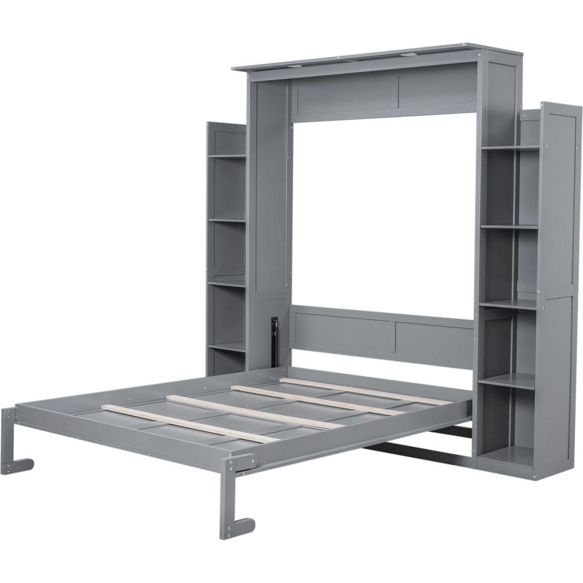 Queen Size Murphy Bed Wall Bed with Shelves and LED Lights,Gray