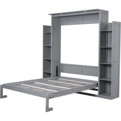 Queen Size Murphy Bed Wall Bed with Shelves and LED Lights,Gray