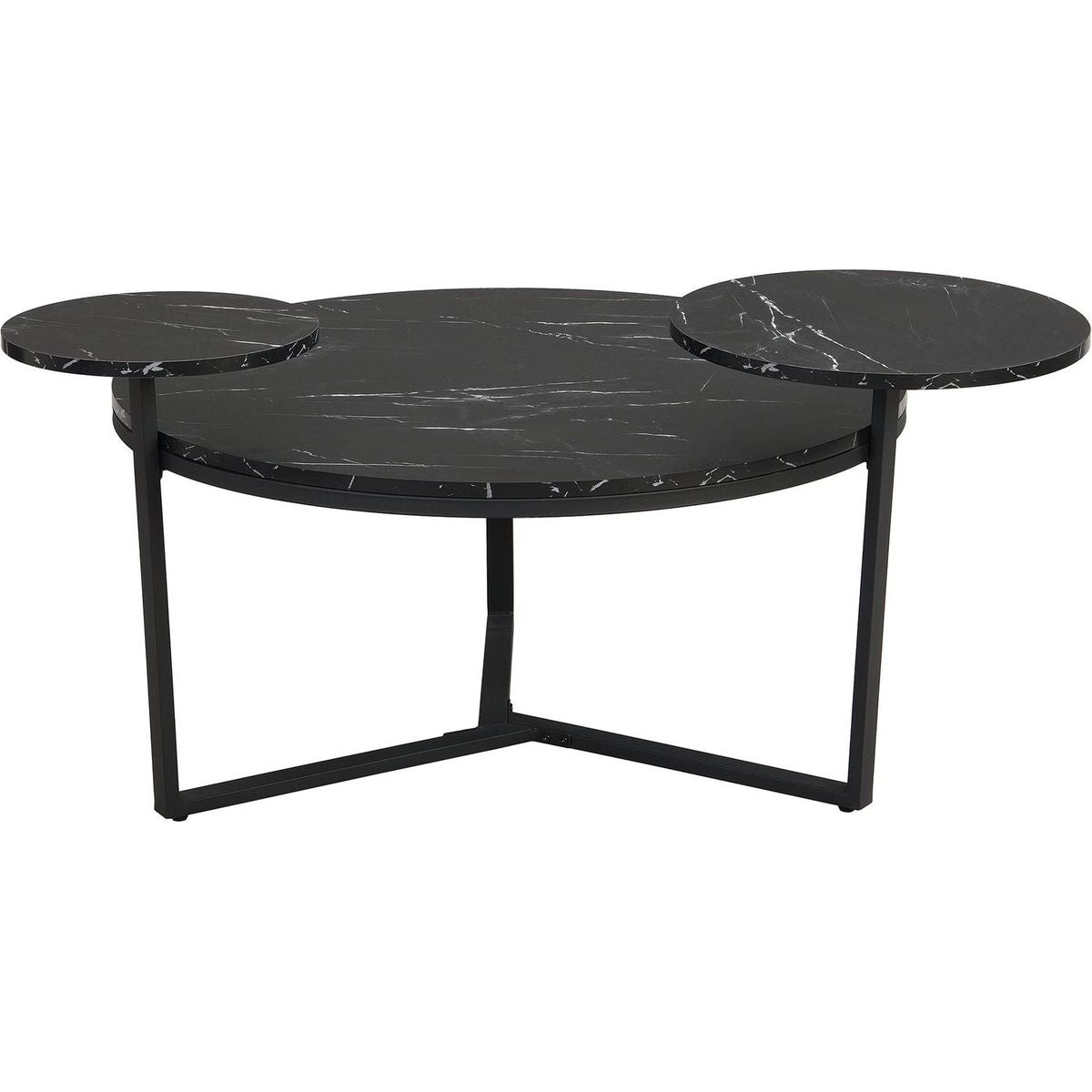 Modern coffee table with two display shelves, Black Faux marble surfaces, Tripod-inspired base,Rounded tabletop edges