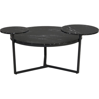 Modern coffee table with two display shelves, Black Faux marble surfaces, Tripod-inspired base,Rounded tabletop edges