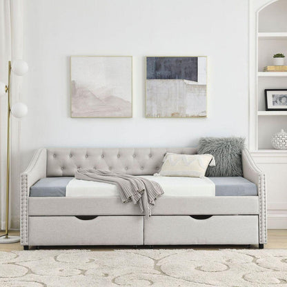 Twin Size Daybed with Drawers Upholstered Tufted Sofa Bed, with Button on Back and Copper Nail on Waved Shape Arms, Beige(81.5"x41"x30.5")