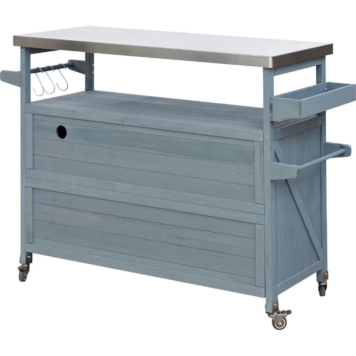 Outdoor Kitchen Island, Rolling Bar Cart & Storage Cabinet, Farmhouse Solid Wood Outdoor Grill Table with Stainless Steel Top, Spice Rack, Towel Rack for Kitchen & BBQ, Grey Blue