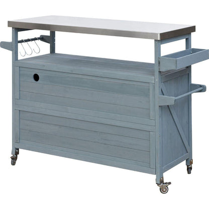 Outdoor Kitchen Island, Rolling Bar Cart & Storage Cabinet, Farmhouse Solid Wood Outdoor Grill Table with Stainless Steel Top, Spice Rack, Towel Rack for Kitchen & BBQ, Grey Blue