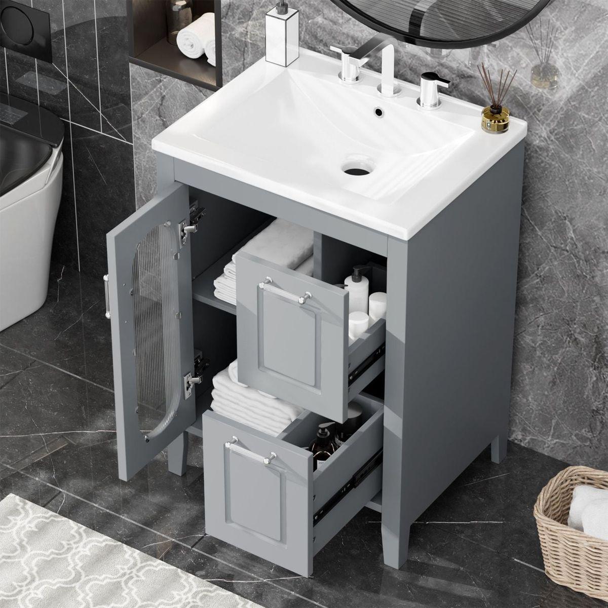 24" Bathroom Vanity with Sink, Bathroom Vanity Cabinet with Two Drawers and Door, Adjustable Shelf, Solid Wood and MDF, Grey