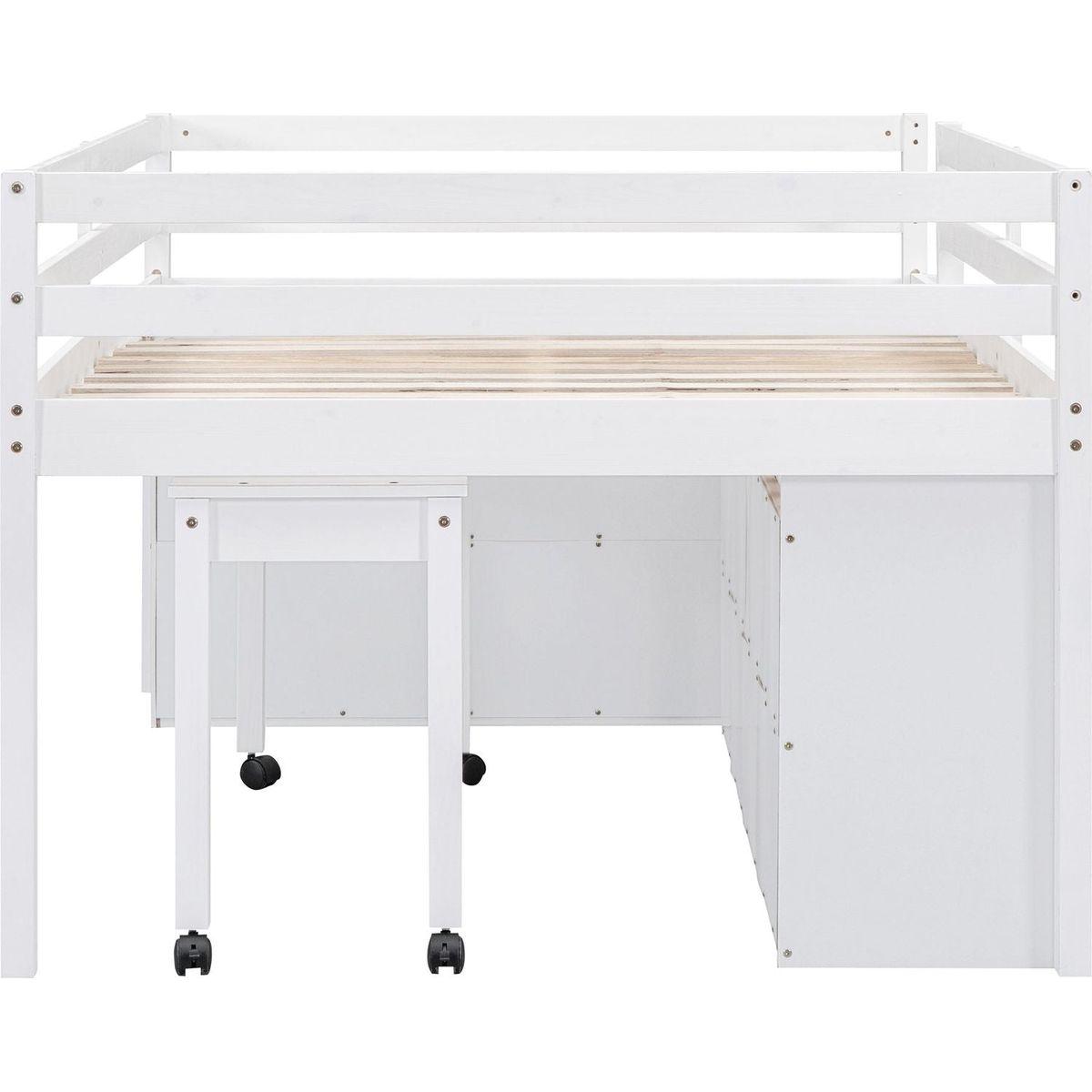 Full Size Loft Bed with Retractable Writing Desk and 4 Drawers, Wooden Loft Bed with Lateral Portable Desk and Shelves, White
