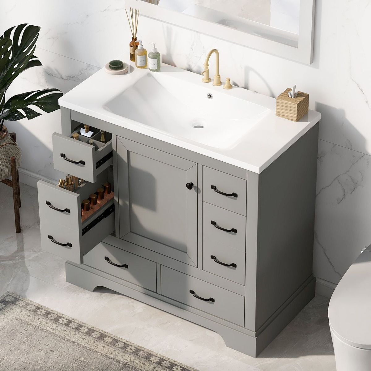 36" Bathroom Vanity with Sink Combo, Six Drawers, Multi-Functional Drawer Divider, Adjustable Shelf, Grey