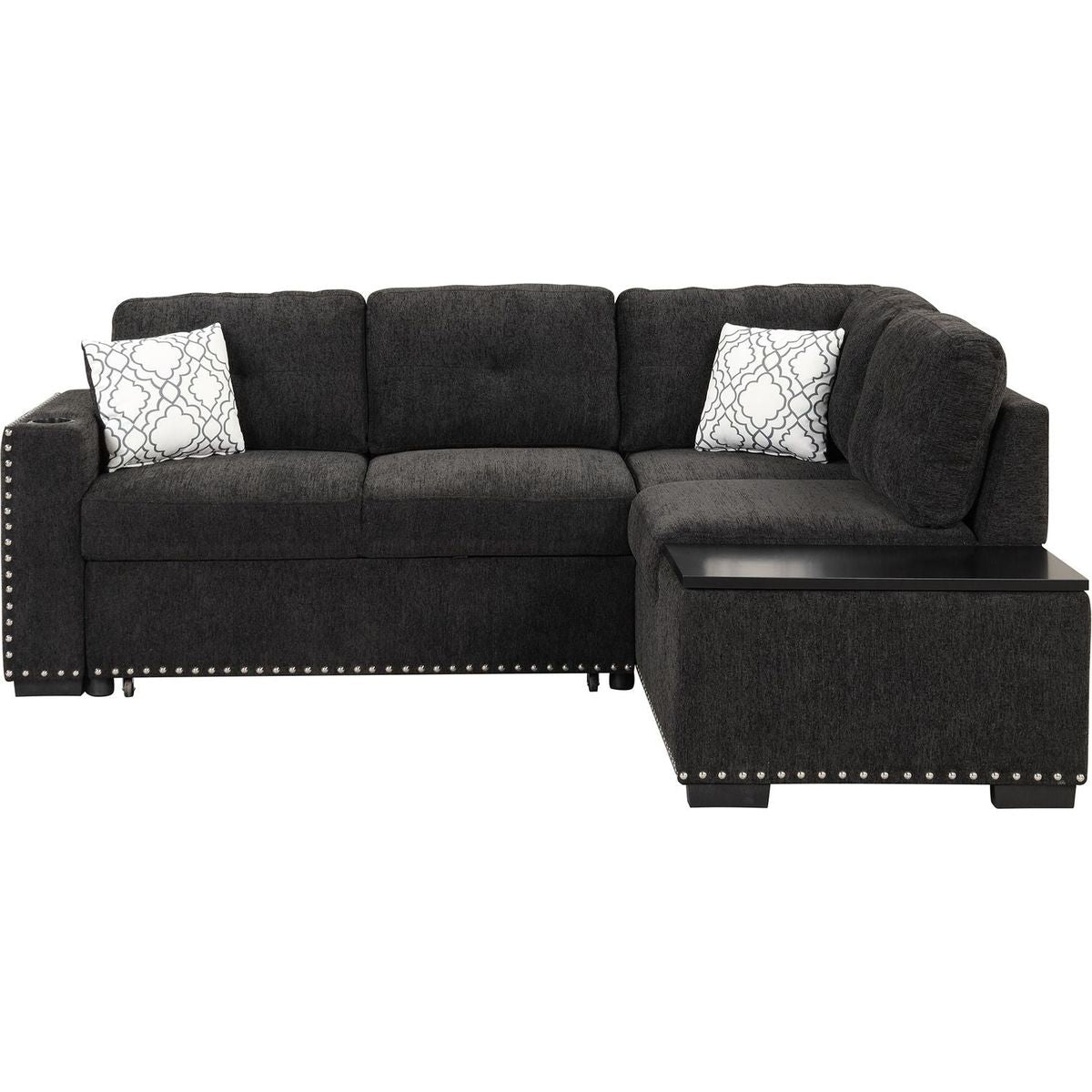 83.8" Reversible Sectional Pull-Out Sofa Bed L-Shaped Corner Sofa Couch with Storage Chaise, USB Ports, Power Sockets, Cup Holder for Living Room, Bedroom, Study, Black