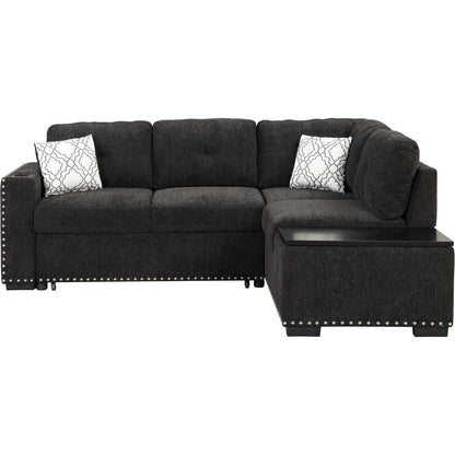83.8" Reversible Sectional Pull-Out Sofa Bed L-Shaped Corner Sofa Couch with Storage Chaise, USB Ports, Power Sockets, Cup Holder for Living Room, Bedroom, Study, Black