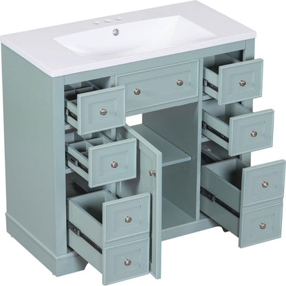 36" Bathroom Vanity with Sink Combo, One Cabinet and Six Drawers, Solid Wood and MDF Board, Green