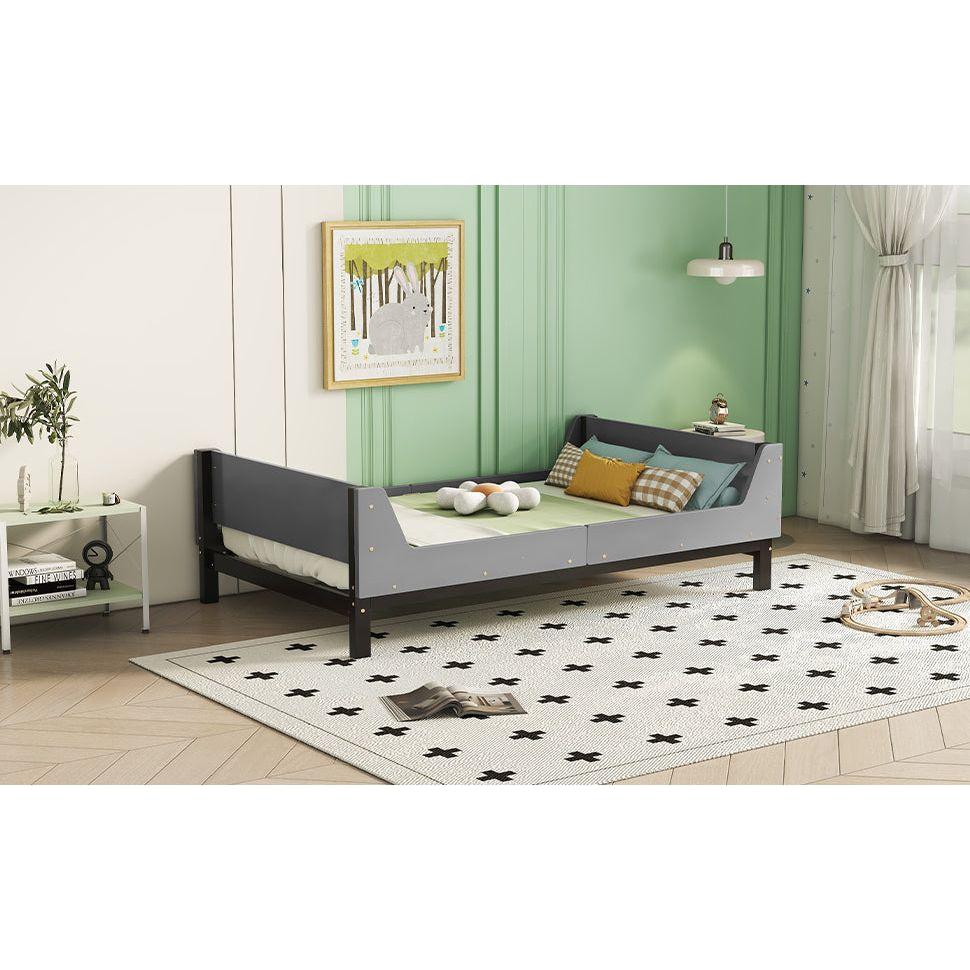 Twin Bed with Headboard, Footboard, Safeguards, Built-in Bed-end Book Storage Rack, Grey