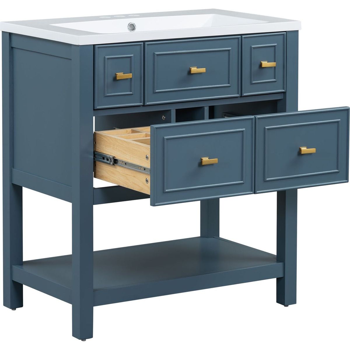 30" Bathroom Vanity with Resin Sink Combo, Free Standing Single Vanity Set with 5 Drawers, Solid Wood Frame Bathroom Storage Cabinet, Blue