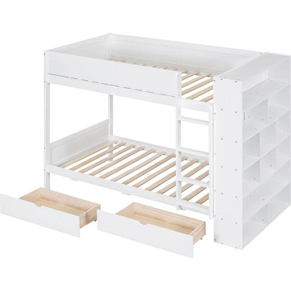 Twin over Twin Bunk Bed With 2 Drawers and Multi-layer Cabinet, White
