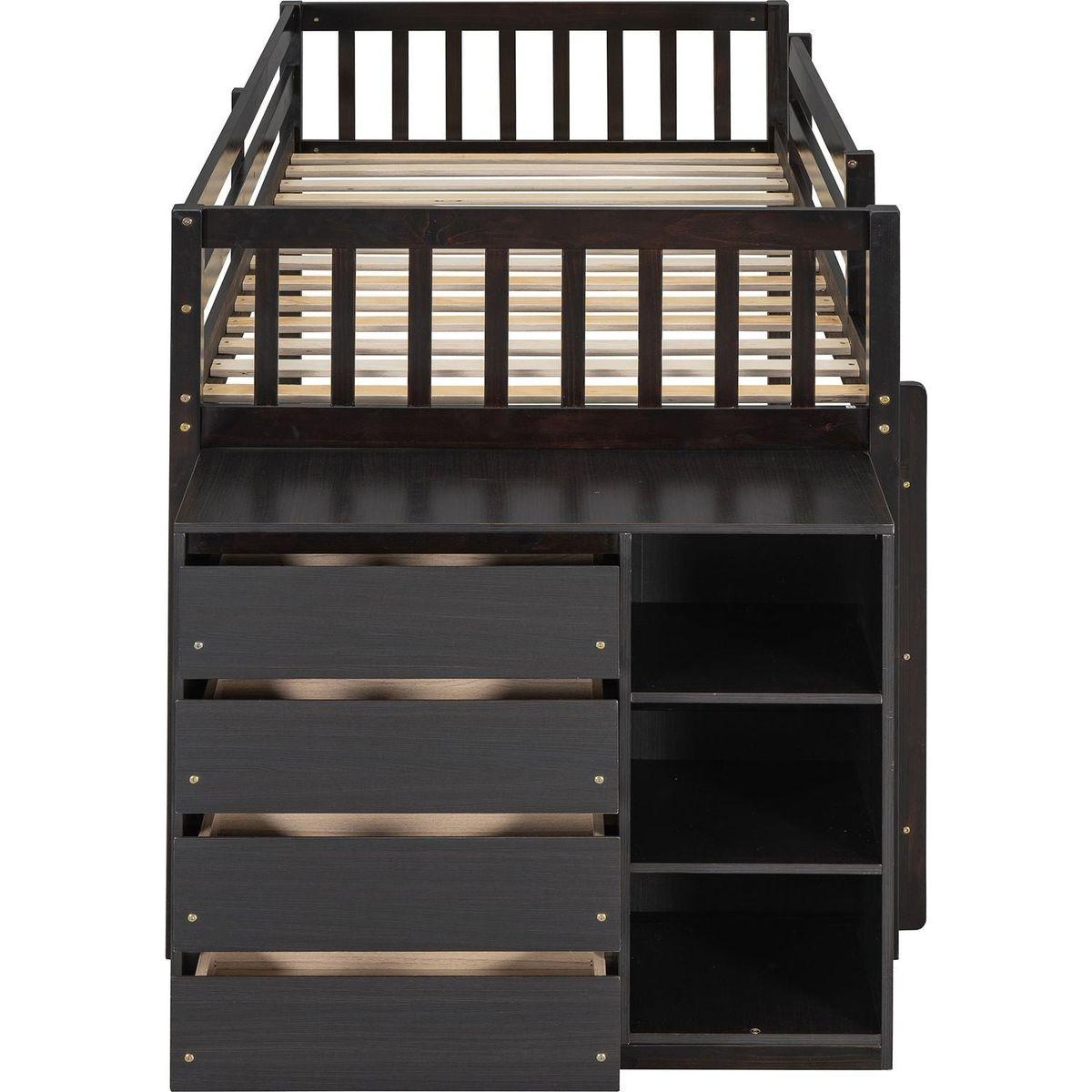 Twin over Twin Bunk Bed with 4 Drawers and 3 Shelves-Espresso