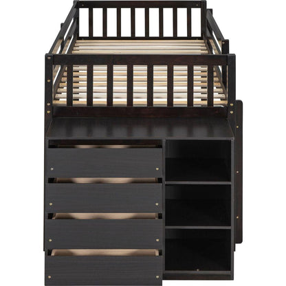 Twin over Twin Bunk Bed with 4 Drawers and 3 Shelves-Espresso