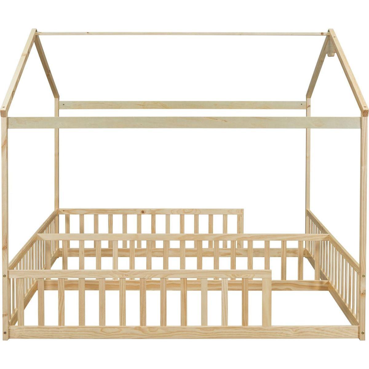 Double Twin House-Style Floor Bed with Fence, Guardrails, without door, Natural