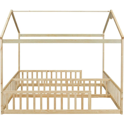 Double Twin House-Style Floor Bed with Fence, Guardrails, without door, Natural