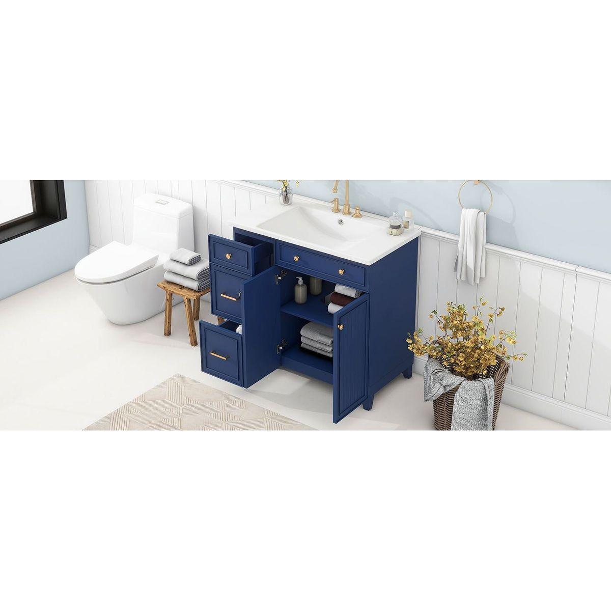 36-inch Bathroom Vanity, Transitional Style Bathroom Cabinet with Resin Sink, Navy Blue Single Bathroom Cabinet, with 2 Drawers and 1 Adjustable Storage Shelf, 2 Soft-close Doors