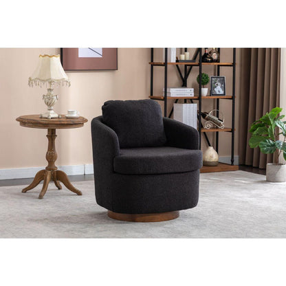 Boucle Fabric Swivel Accent Chair With Soild Wood Round Brown Base Leg,Black