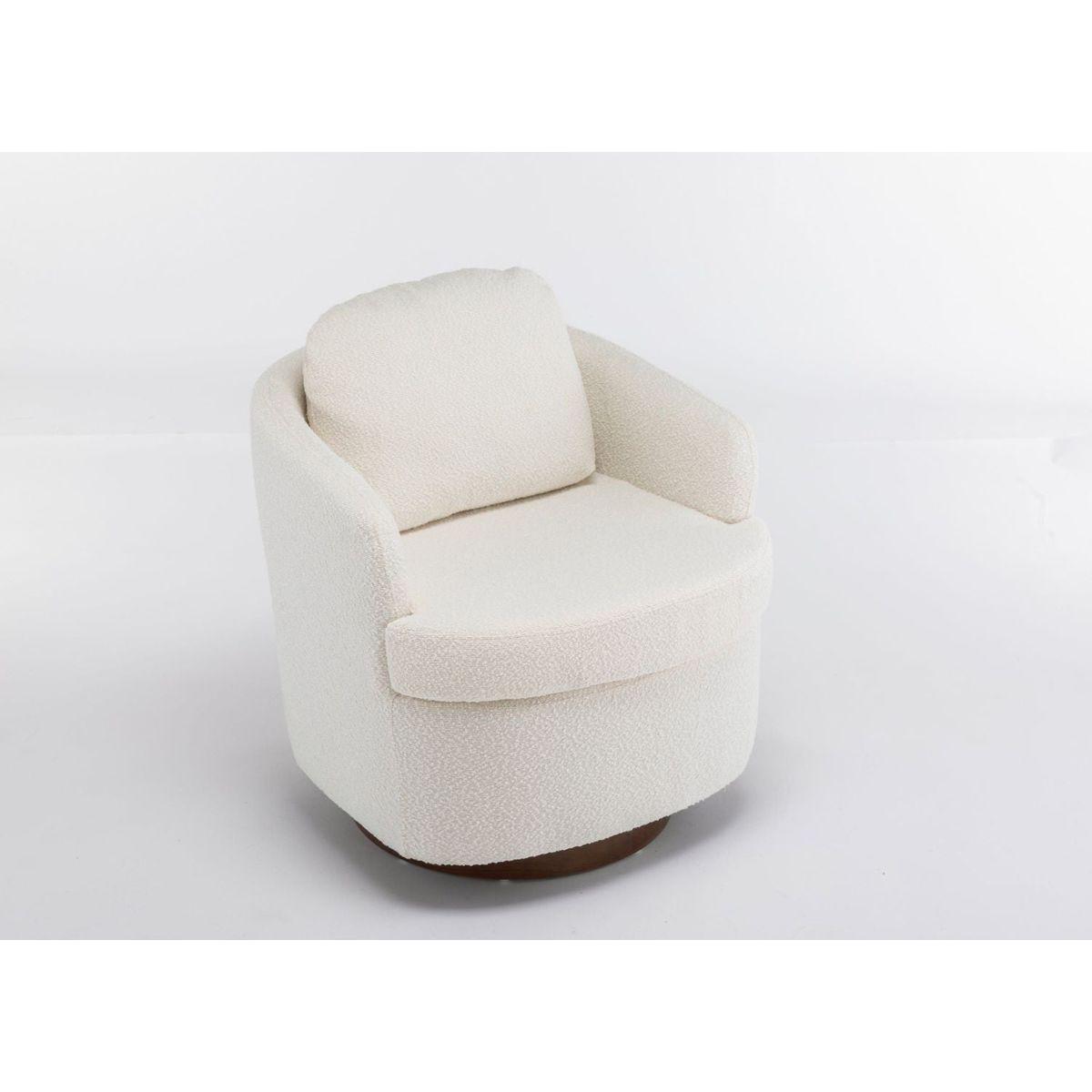 Boucle Fabric Swivel Accent Chair With Soild Wood Round Brown Base Leg,Ivory