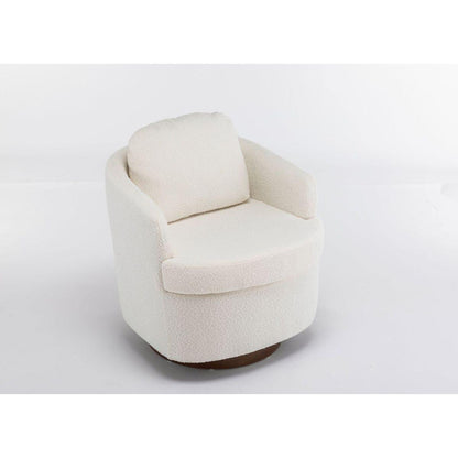 Boucle Fabric Swivel Accent Chair With Soild Wood Round Brown Base Leg,Ivory